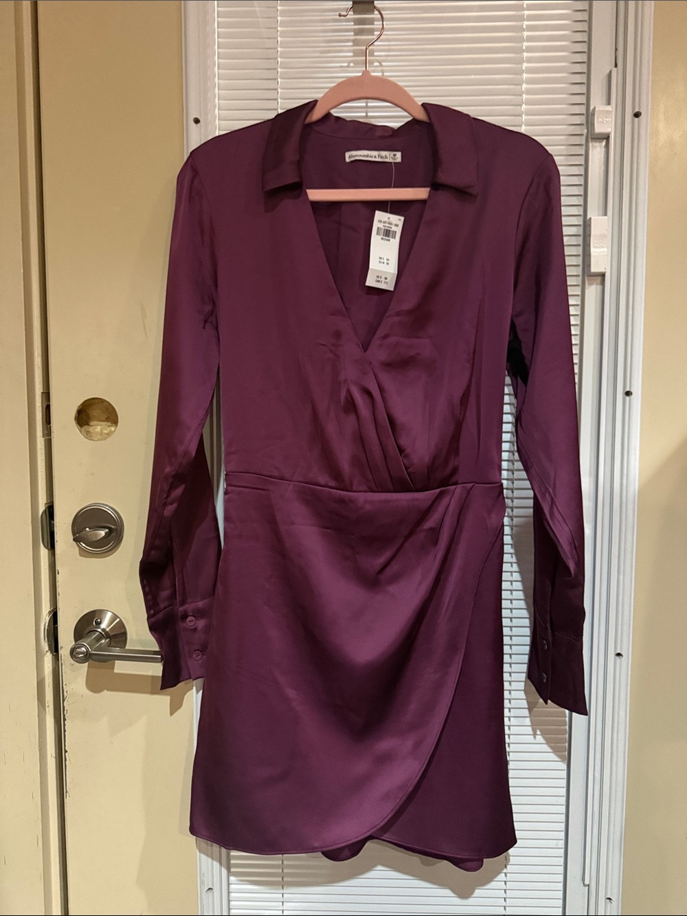 Abercrombie & Fitch Plum Satin Wrap-Style Long Sleeve Dress